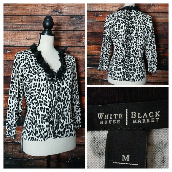 White House Black Market Sweaters - White House Black Market Cardigan Sweater M Leopard Ruffle Collar 3/4 Sleeve
